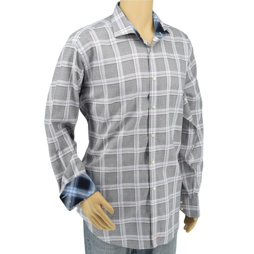 Thomas Dean Men's XL Gray Windowpane Plaid Flip Cuff Pima Cotton Sport Shirt